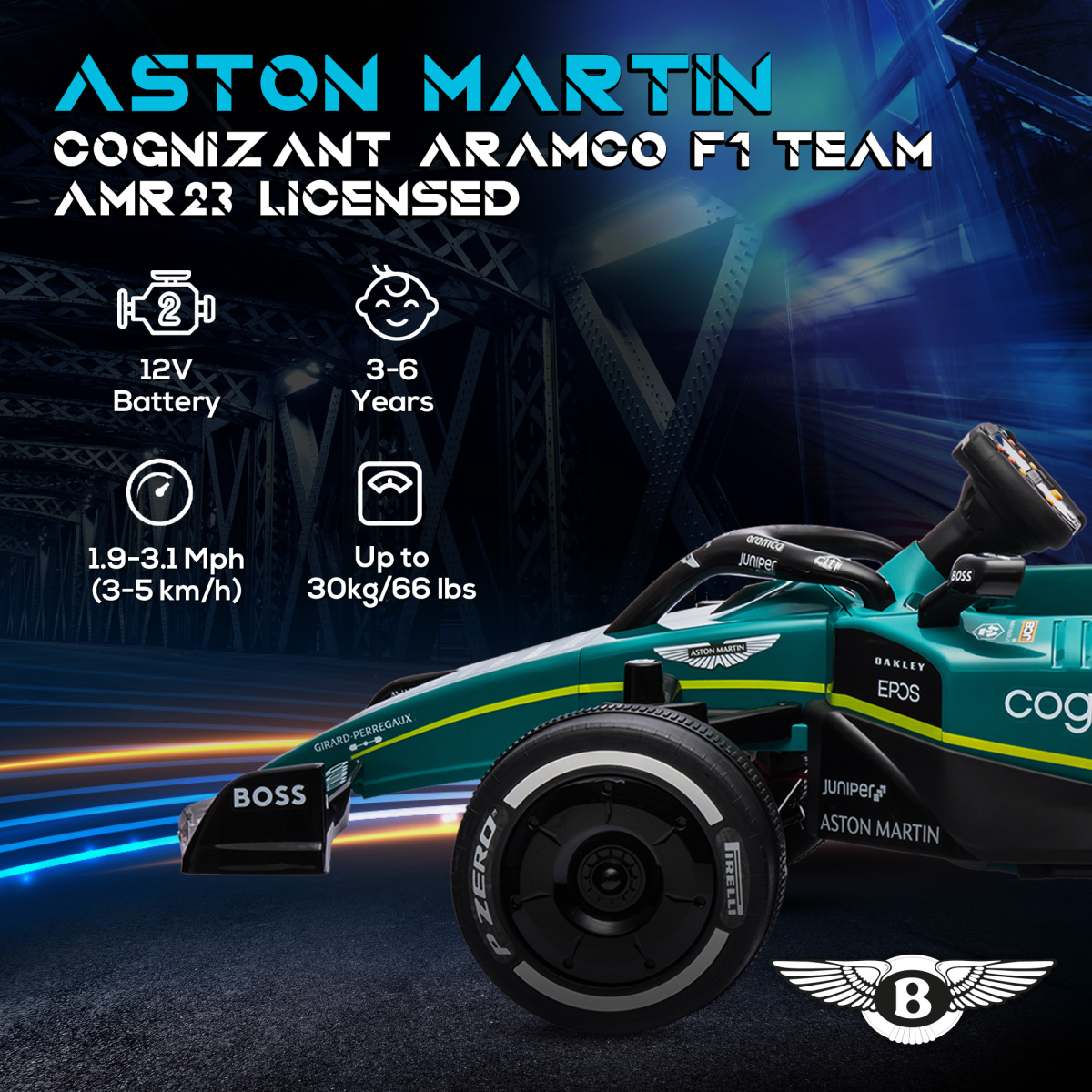 AIYAPLAY 12V Electric Go Kart featuring shock-absorbing wheels, remote control, and Bluetooth connectivity in action.