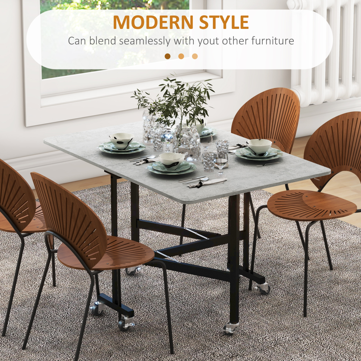 HOMCOM grey drop leaf table with wheels, ideal for small spaces, shown in a folded position for compact storage.