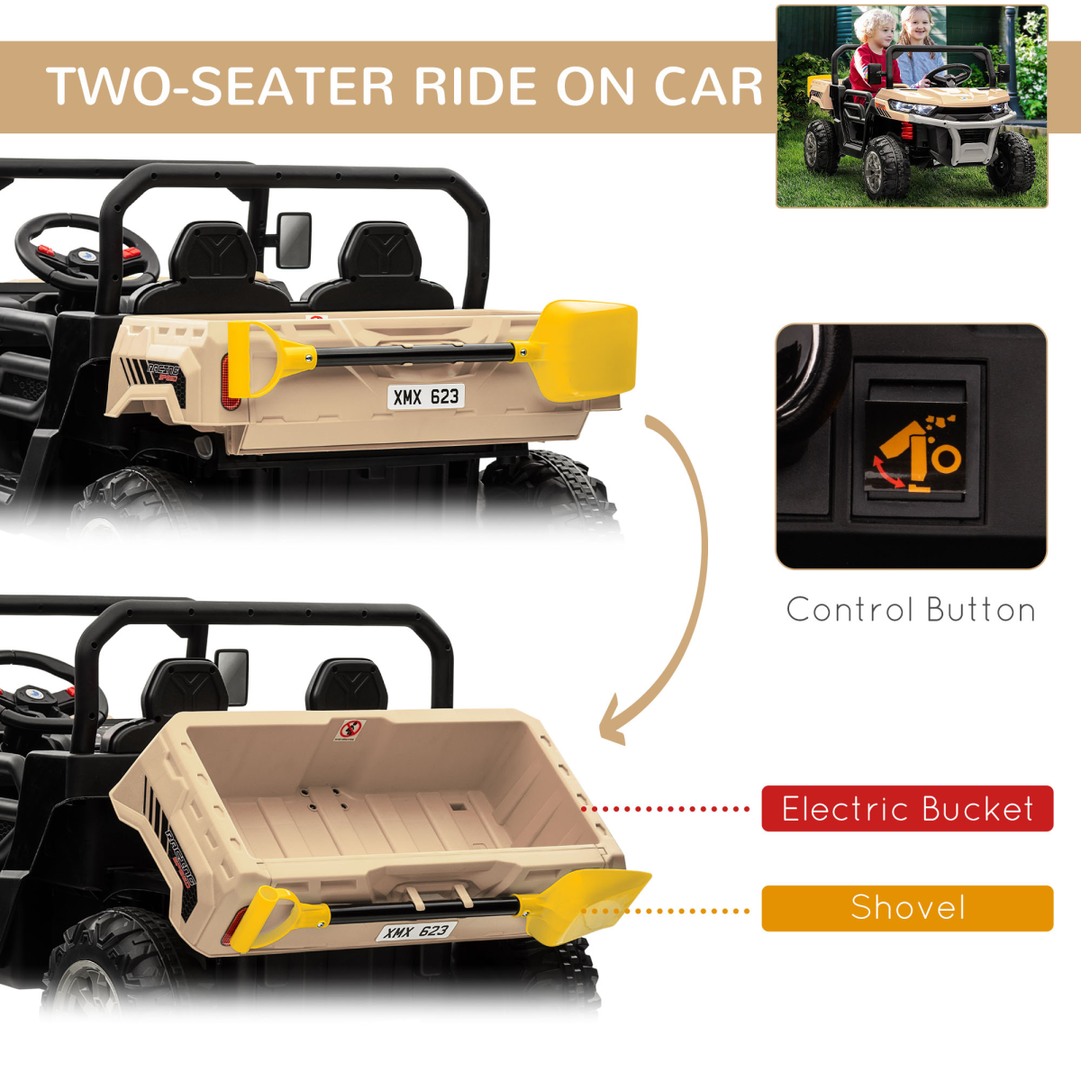 Yellow two-seater kids ride-on truck with electric bucket and parental remote, by FunZone.