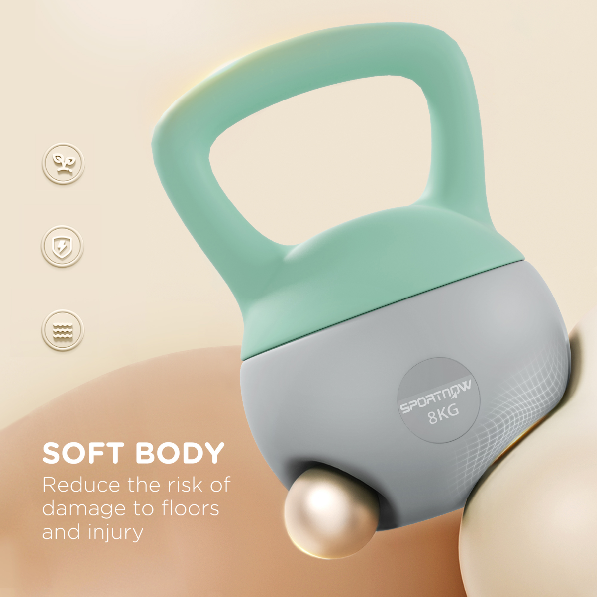 Grey and green 8KG SPORTNOW kettlebell featuring a soft body and non-slip handle on a white background.