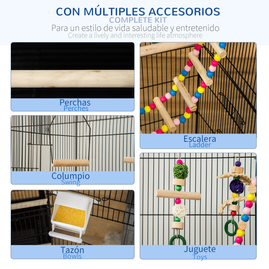Metal Bird Cage for Budgies, Finches w/ Accessories, Toys, Tray, Handle - Black