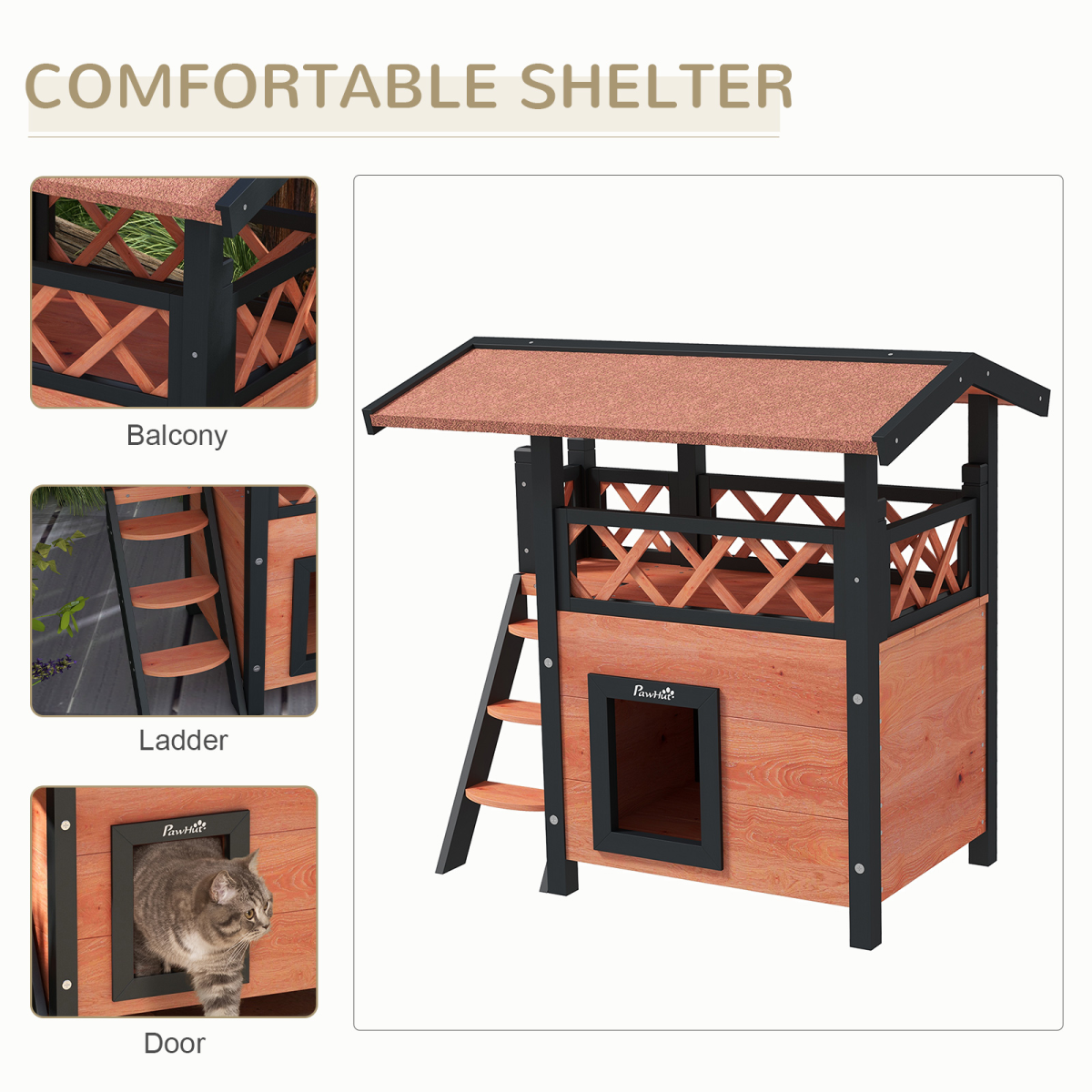 PawHut outdoor cat house featuring a balcony, stairs, and a roof in a brown finish for pet comfort and shelter.