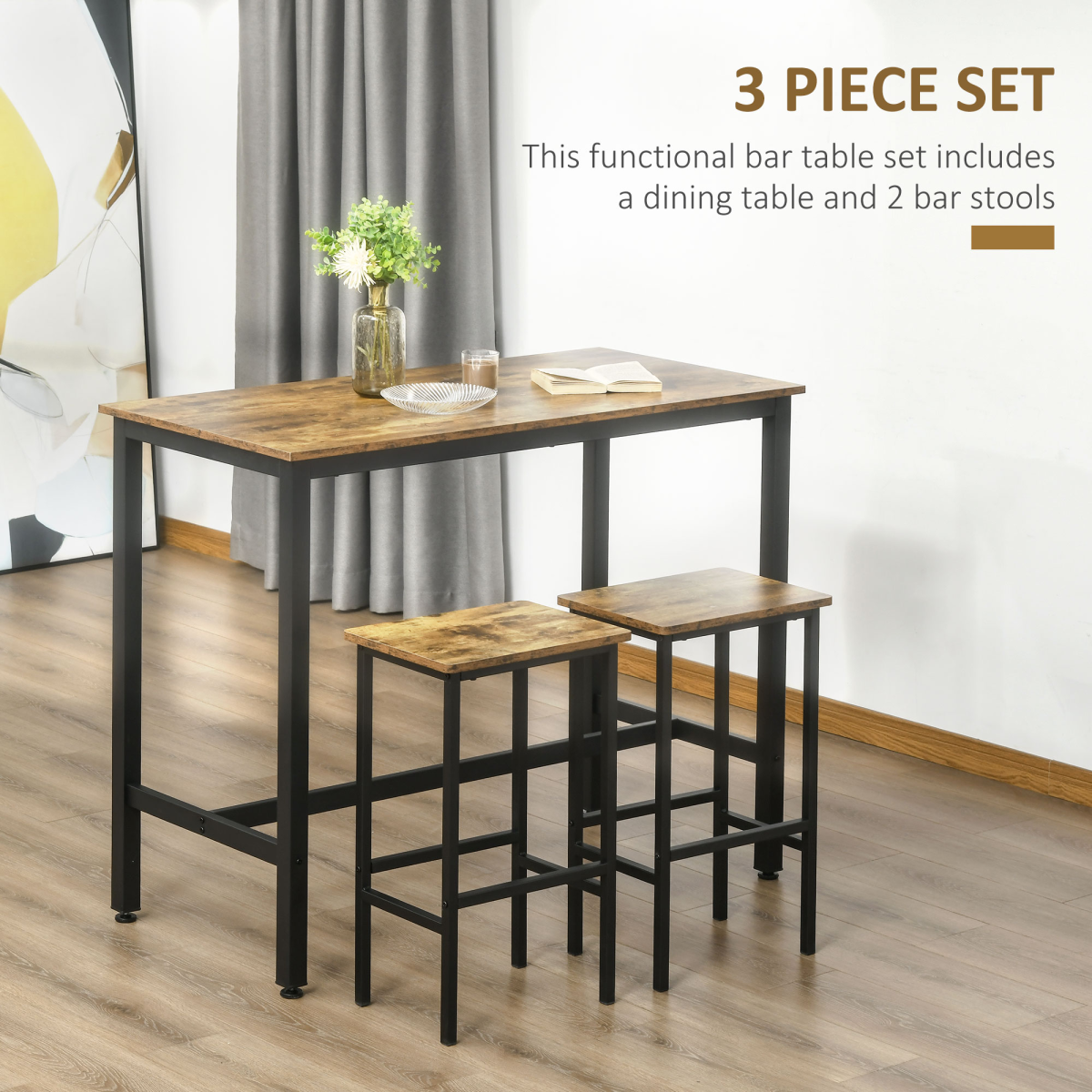 Industrial bar table set with two stools in rustic brown from HOMCOM, featuring counter height design for modern decor.