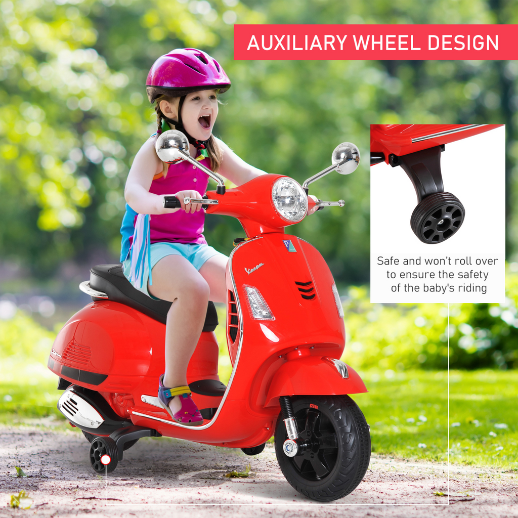 Kids licensed HOMCOM Vespa motorcycle in red with LED lights, music features, and a sleek design for boys and girls.