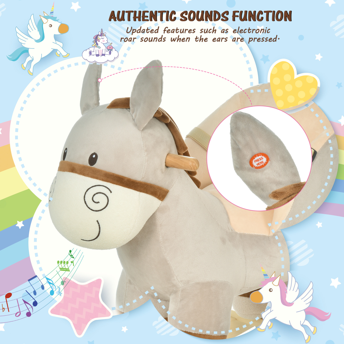 Kids rocking donkey plush ride-on toy with sound button and seat belt, designed for ages 18-36 months by FunZone.