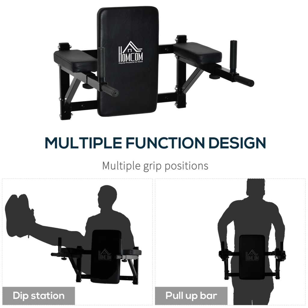 Wall mounted gym rack dip station with AB knee leg raise and pull-up bar for strength training and fitness workouts.