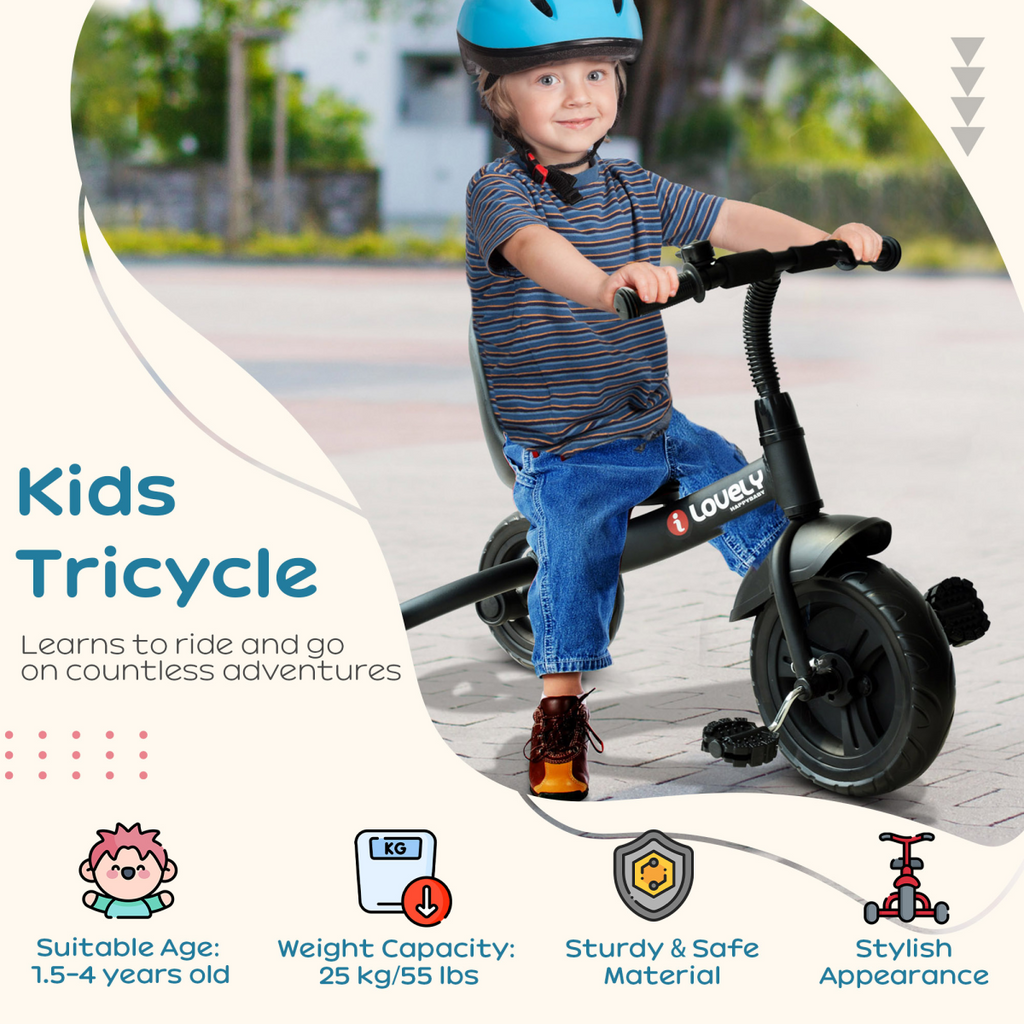 Black toddler tricycle with three wheels and adjustable seat for ages 18 months and up by FunZone.