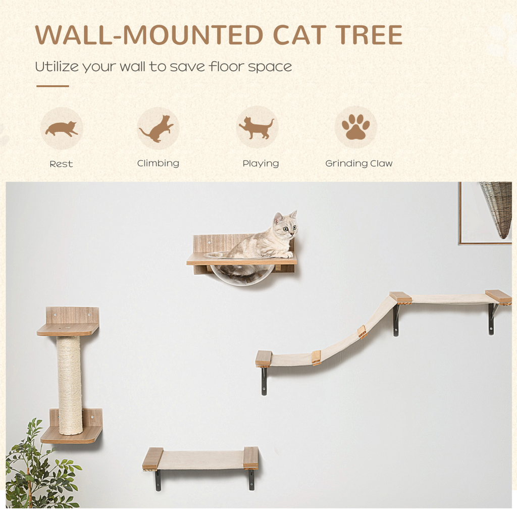 Pawhut wall-mounted cat tree shelf set with hammock and scratching post for climbing and lounging cats.