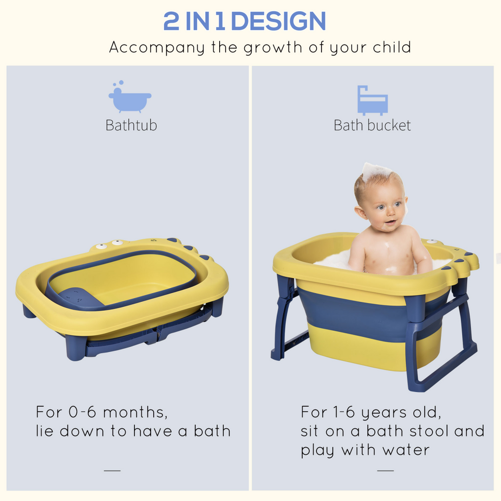 Foldable yellow baby bathtub by HOMCOM for newborns and toddlers, featuring a stool for easy access and storage.