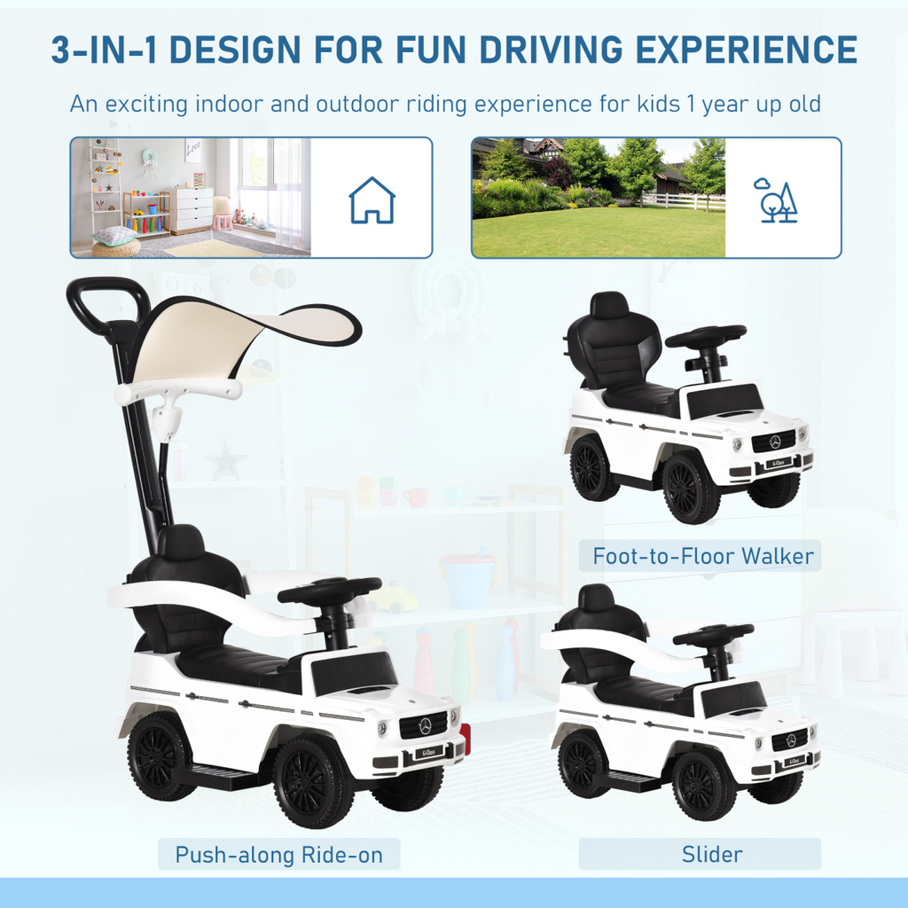 Licensed Mercedes Benz G350 ride-on push car in white with sun canopy for toddlers aged 12-36 months.