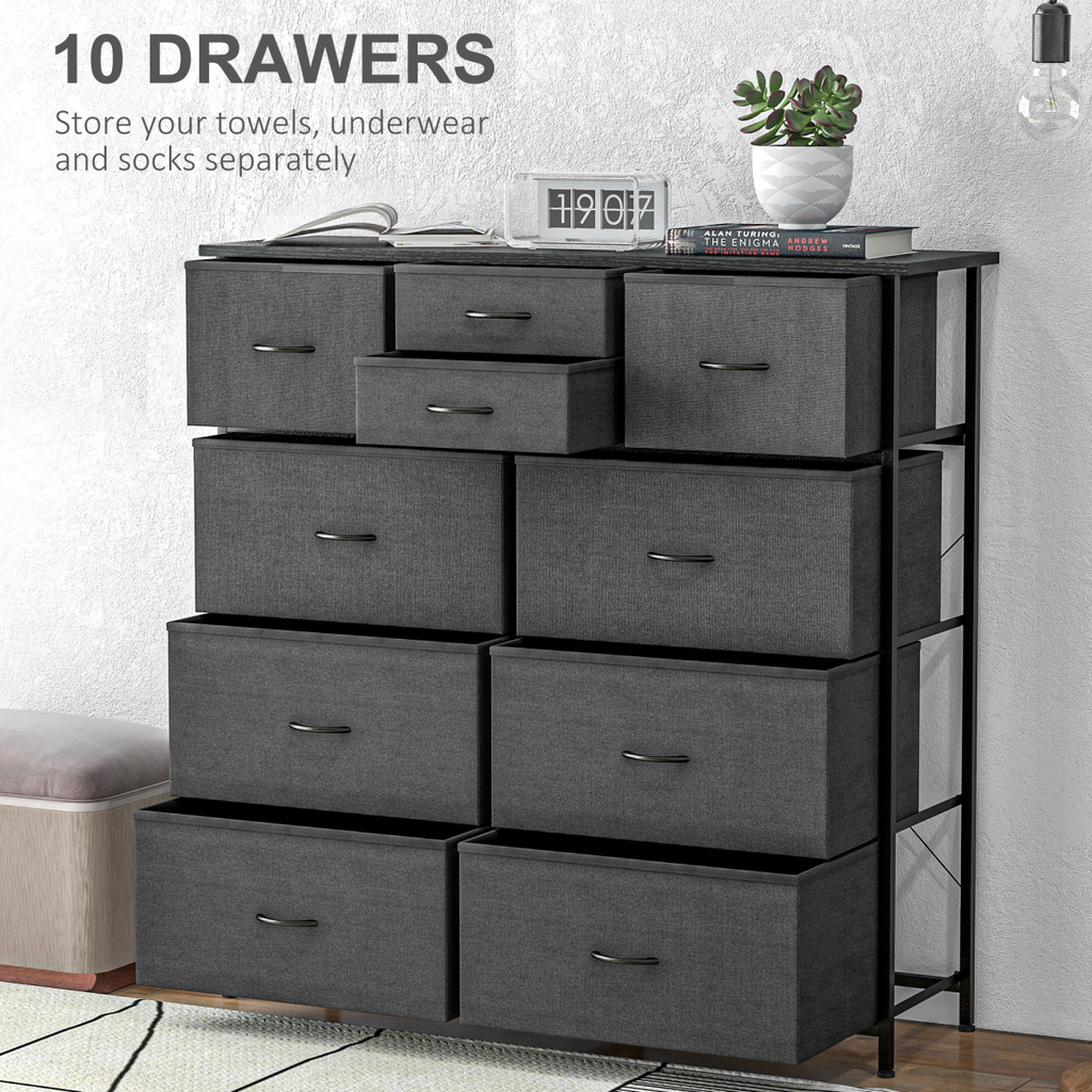 Black 10-drawer fabric dresser by HOMCOM with foldable drawers, ideal for bedroom storage solutions.