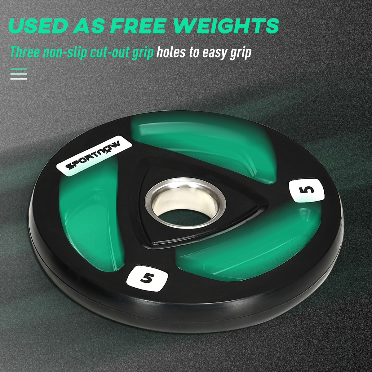 Olympic weight plates set with tri-grip design, featuring two 5kg weights with 2-inch holes for barbell use.