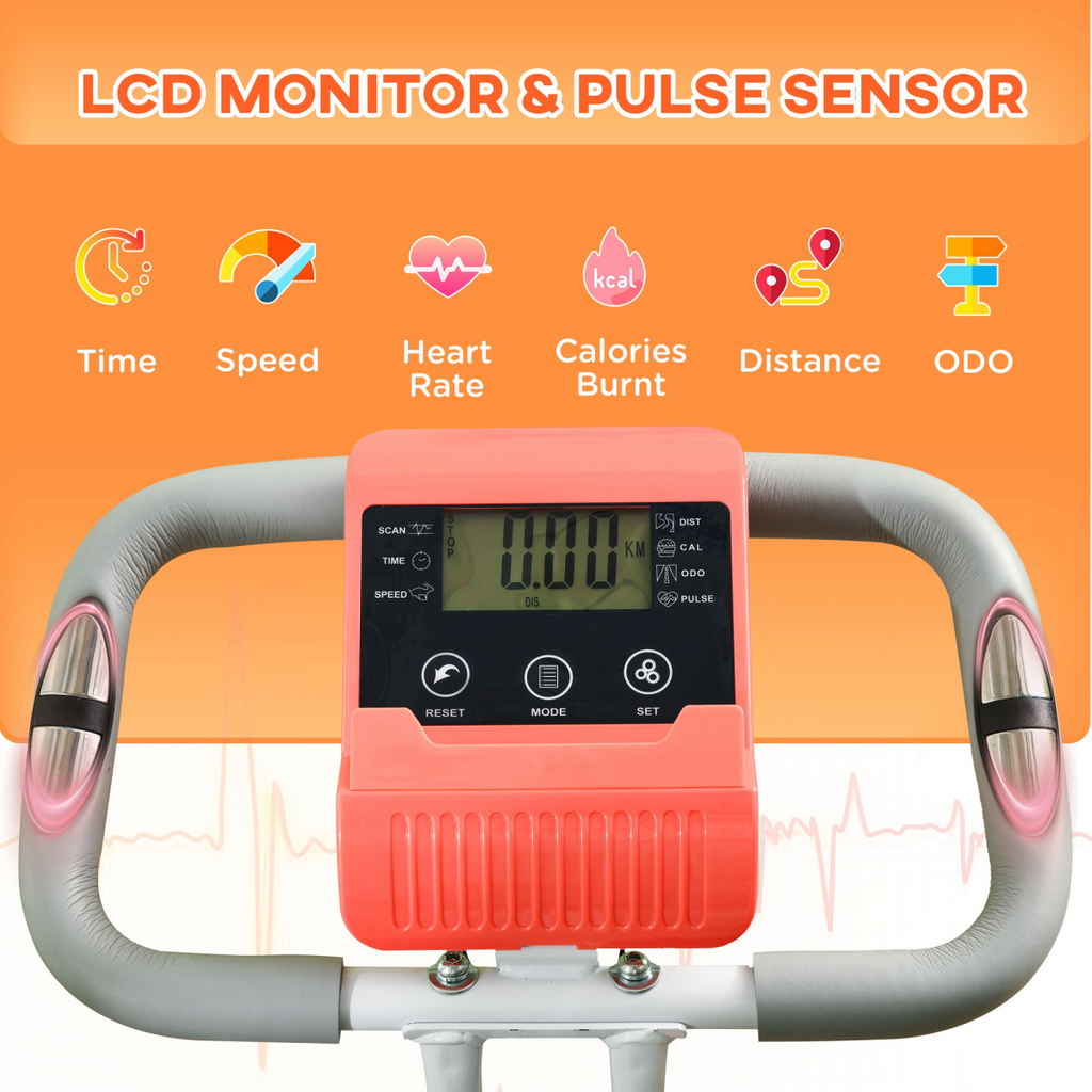 HOMCOM 2-in-1 upright exercise bike in orange with 8-level adjustment and pulse sensor displayed from a side angle.