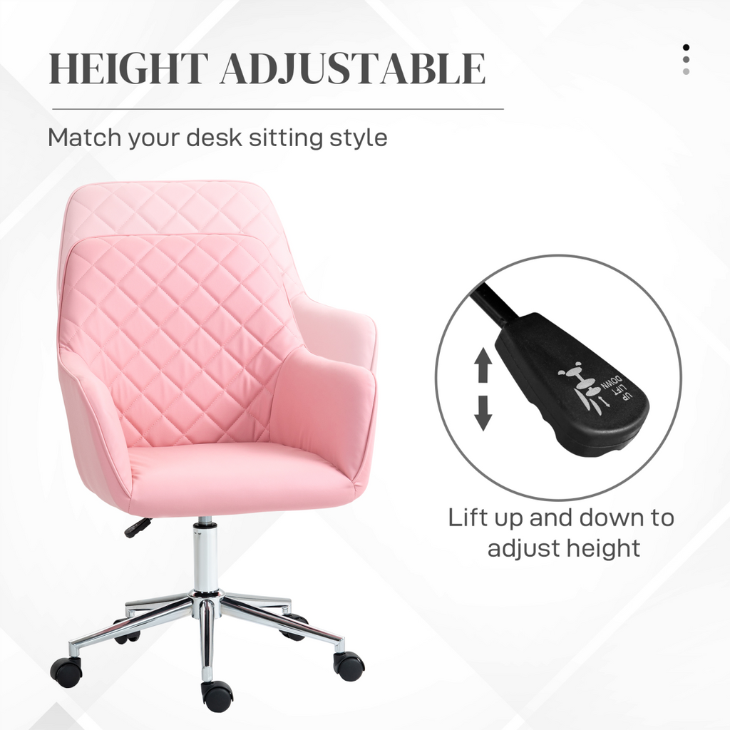 Vinsetto pink leather-feel swivel chair with armrests, designed for home office comfort and style.