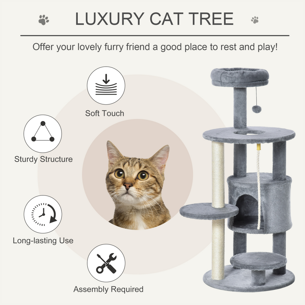 Pawhut dark grey cat tree tower with multiple levels, hanging ball toy, and teasing rope for feline play and relaxation.