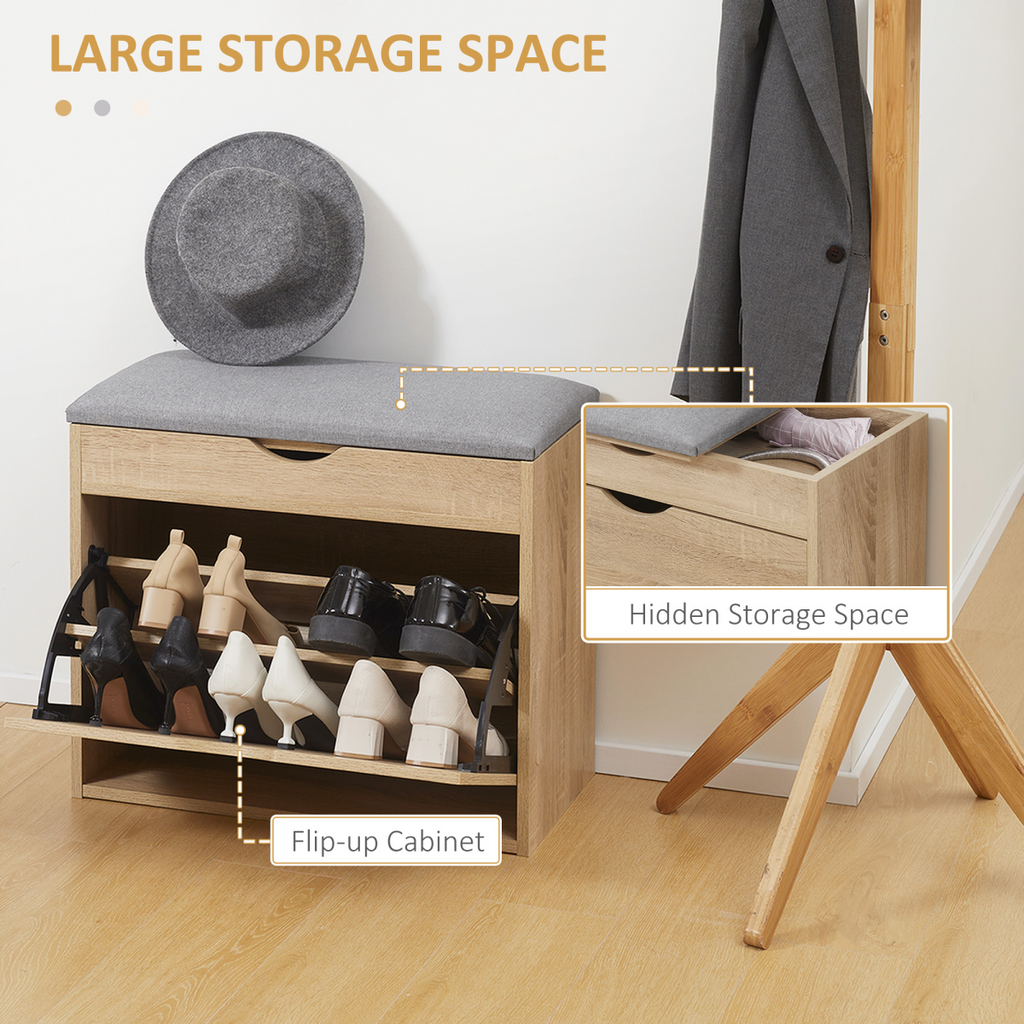 Natural HOMCOM entryway shoe bench with cushioned seat and storage cabinet, featuring a stylish design and practical storage.