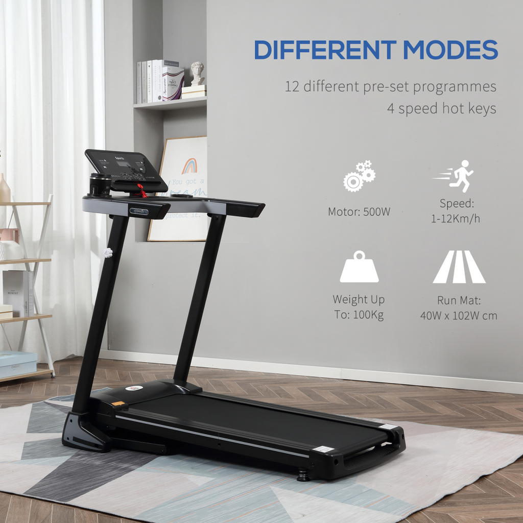 500W ActiveGear motorised treadmill with folding frame, wheels, and preset programs, shown in a home gym setting.