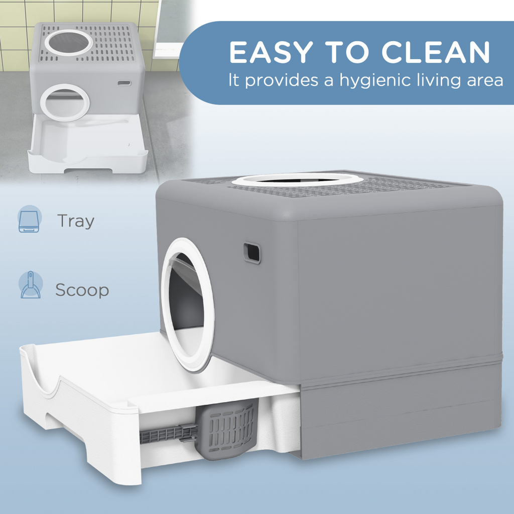 PawHut Enclosed Cat Litter Tray with Lid, Front Entry, Top Exit, Scoop - Grey