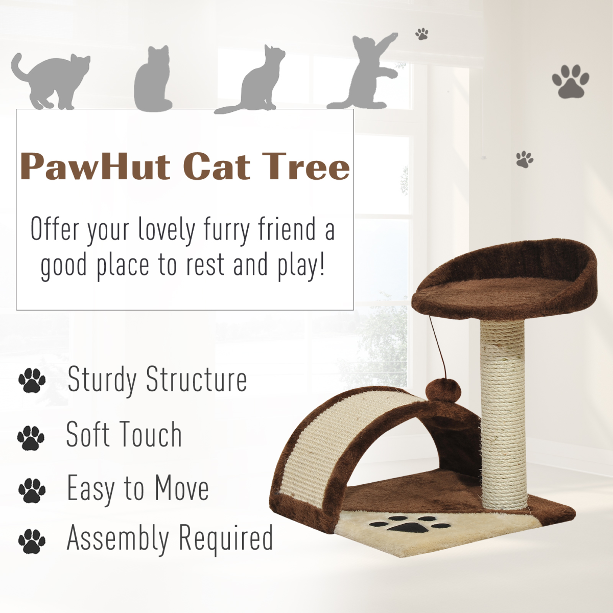 Pawhut cat tree with scratching posts, cozy resting areas, and sisal for kittens to play and exercise at home.