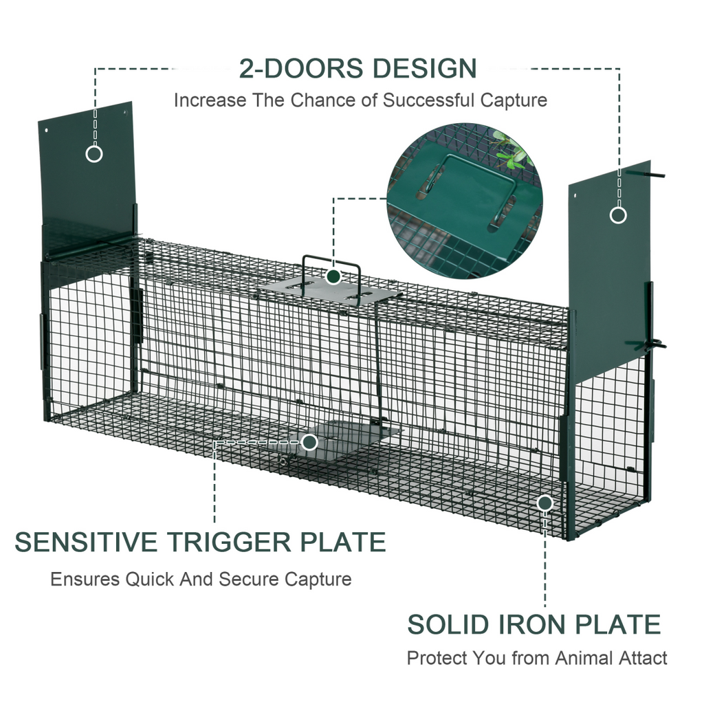 PawHut 2-Door Humane Live Cage Trap for Small Animal Easy Set, Dark Green