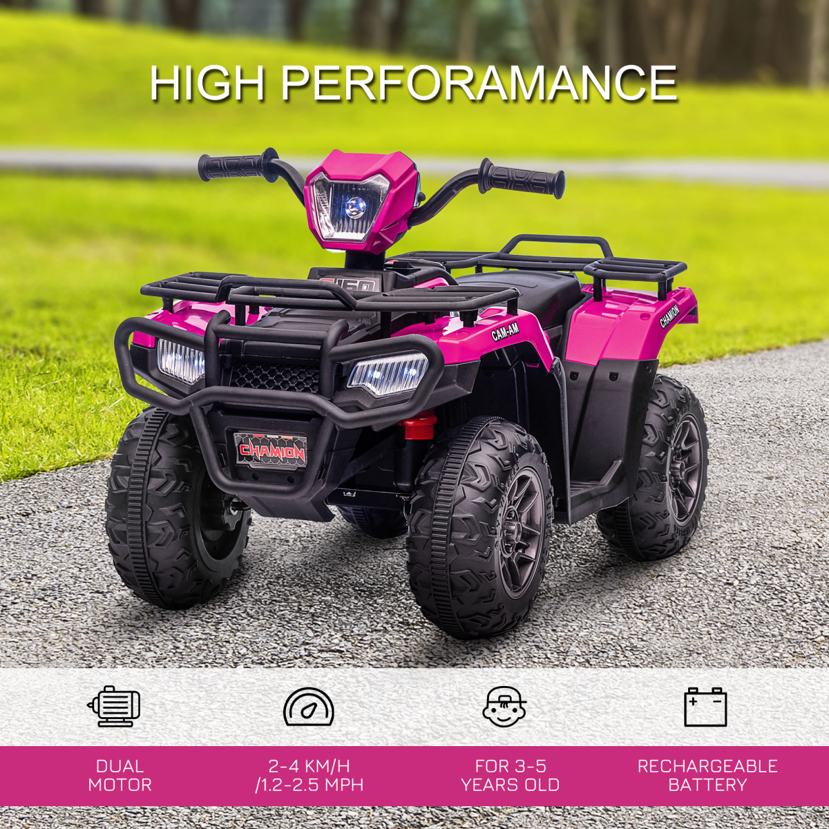 Pink HOMCOM 12V Electric Quad Bike for kids ages 3-5, featuring LED headlights and music, ready for outdoor fun.