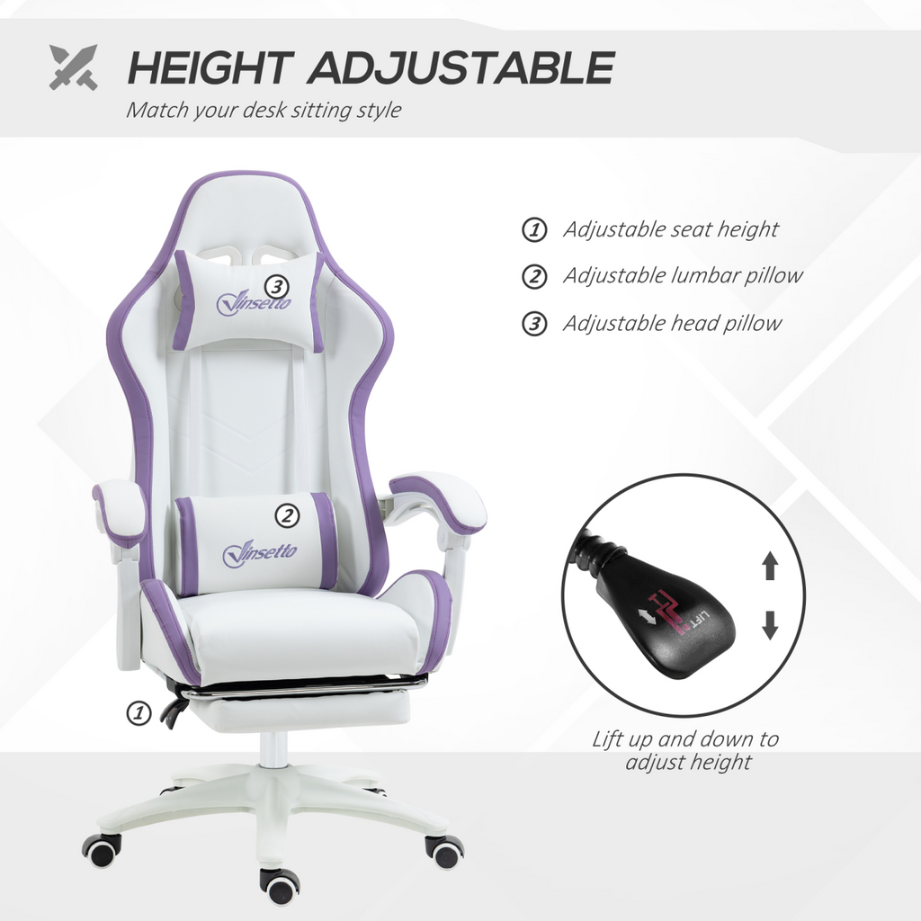 Vinsetto purple racing style gaming chair with reclining feature and footrest, upholstered in faux leather.