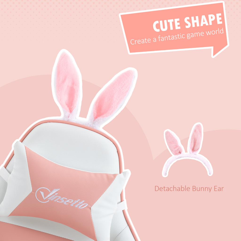 Vinsetto pink racing style gaming chair with removable rabbit ears and footrest, designed for comfort and style.