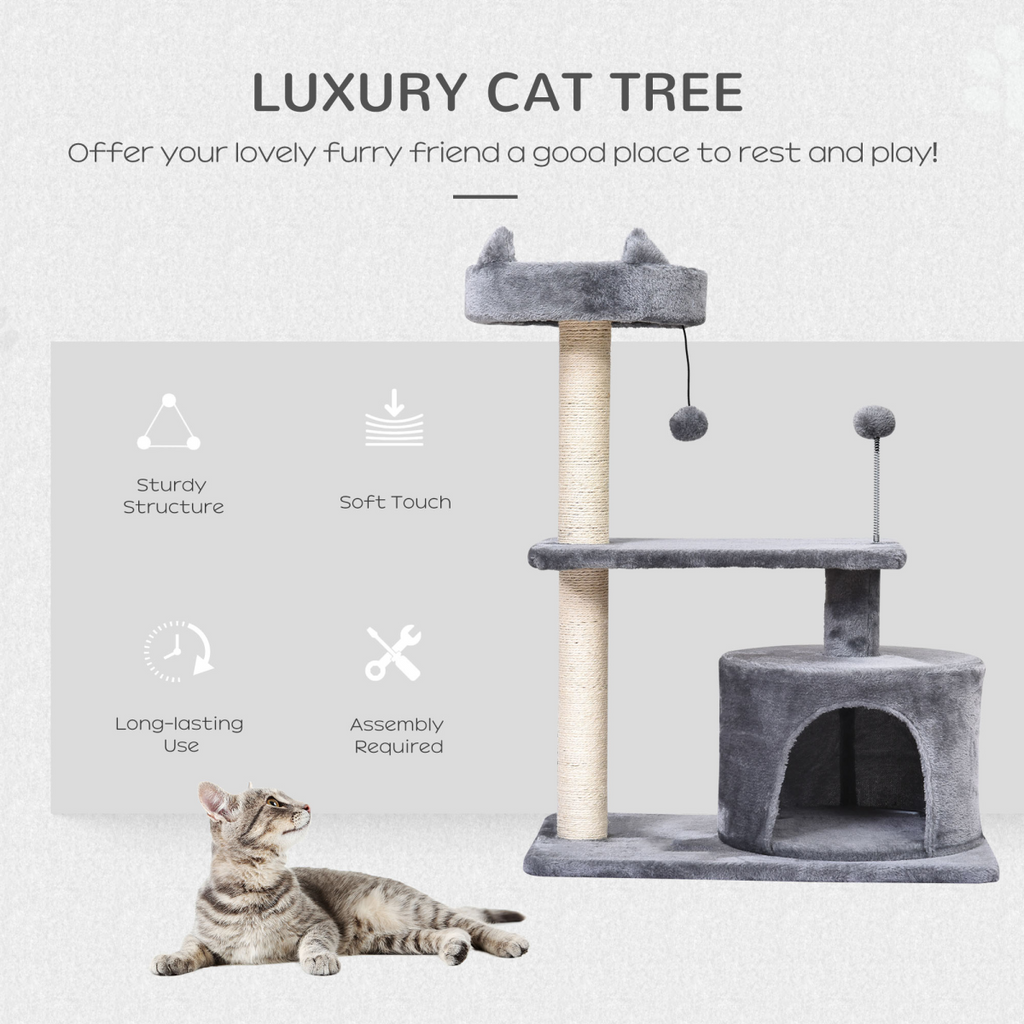 Pawhut 81cm cat tree scratching post tower with multiple levels for kittens and large cats, featuring cozy hideaways.