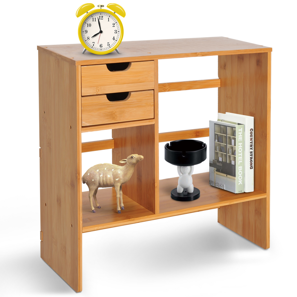 HOMCOM bamboo desk organiser with a 180-degree rotatable design and two drawers for efficient desktop storage.