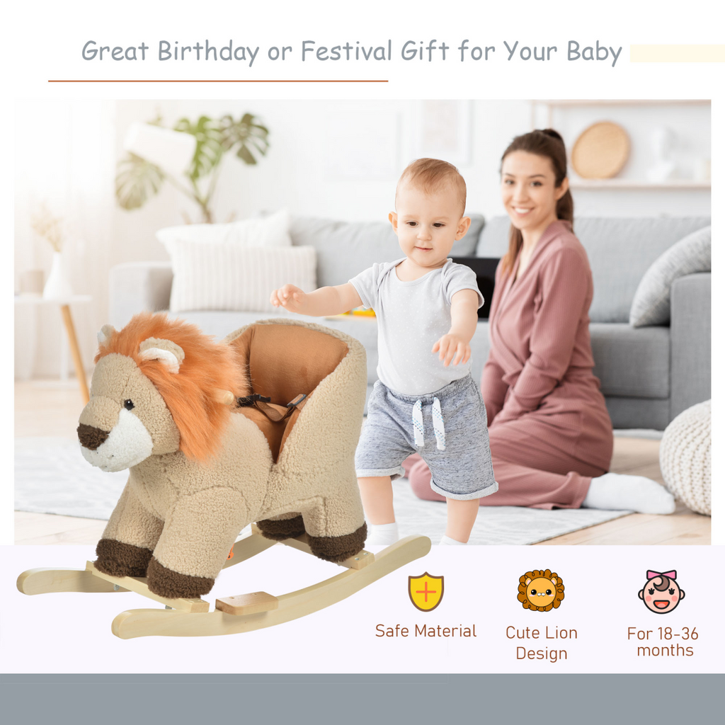 Kids rocking lion plush ride-on toy with sound button and seat belt for ages 18-36 months by FunZone.