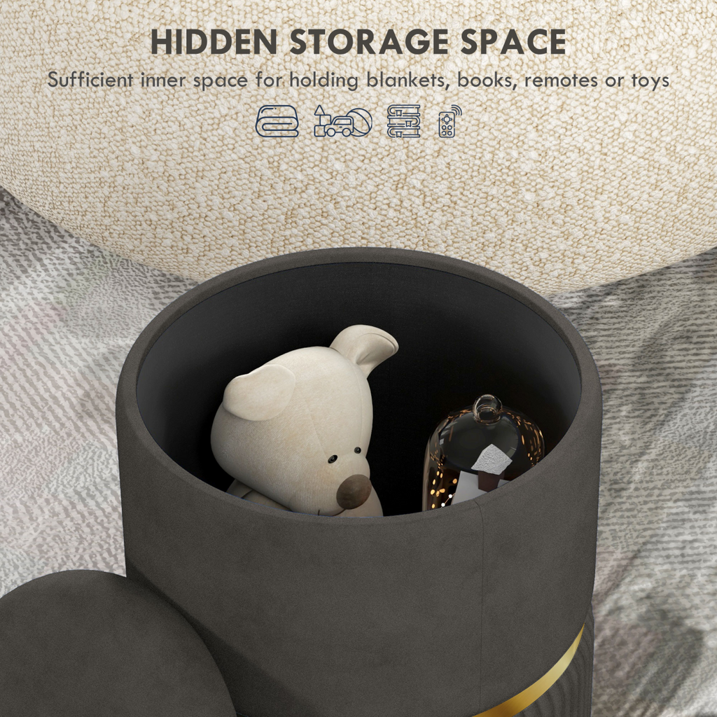 Grey velvet round storage pouffe with cushioned top and hidden space by HOMCOM, perfect for home decor.