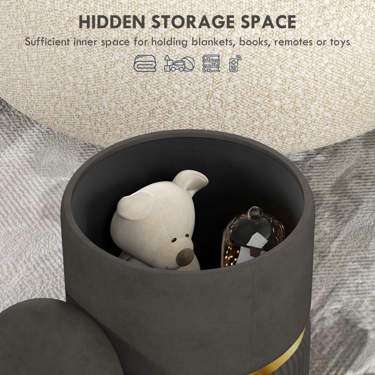 Grey velvet round storage pouffe with cushioned top and hidden space by HOMCOM, perfect for home decor.