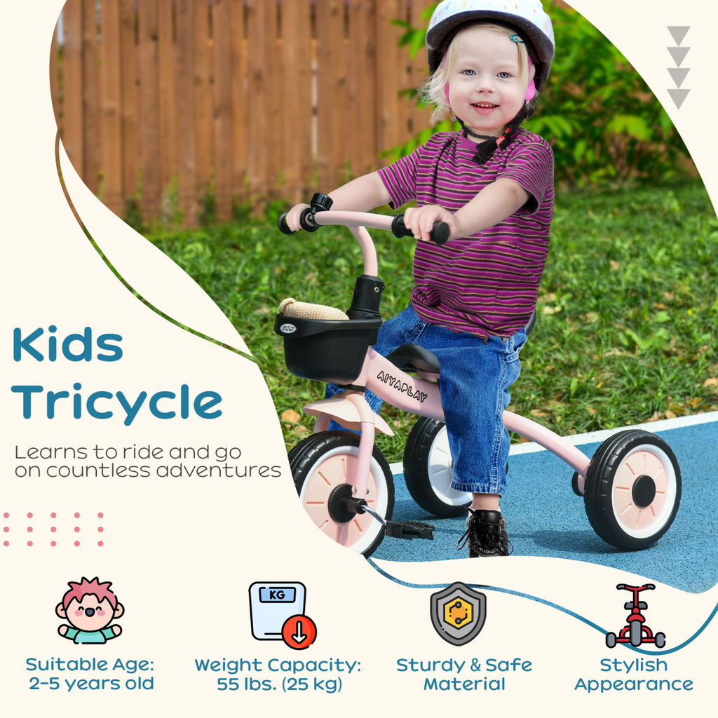 Pink AIYAPLAY kids trike with adjustable seat, basket, and bell, designed for children ages 2-5 years.