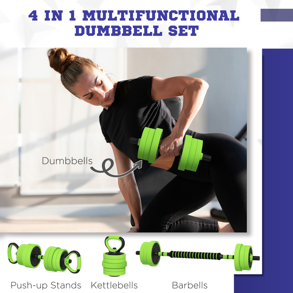 4-in-1 SPORTNOW weight dumbbells set featuring barbell, kettlebell, and push-up stand, with 20kg total weight.