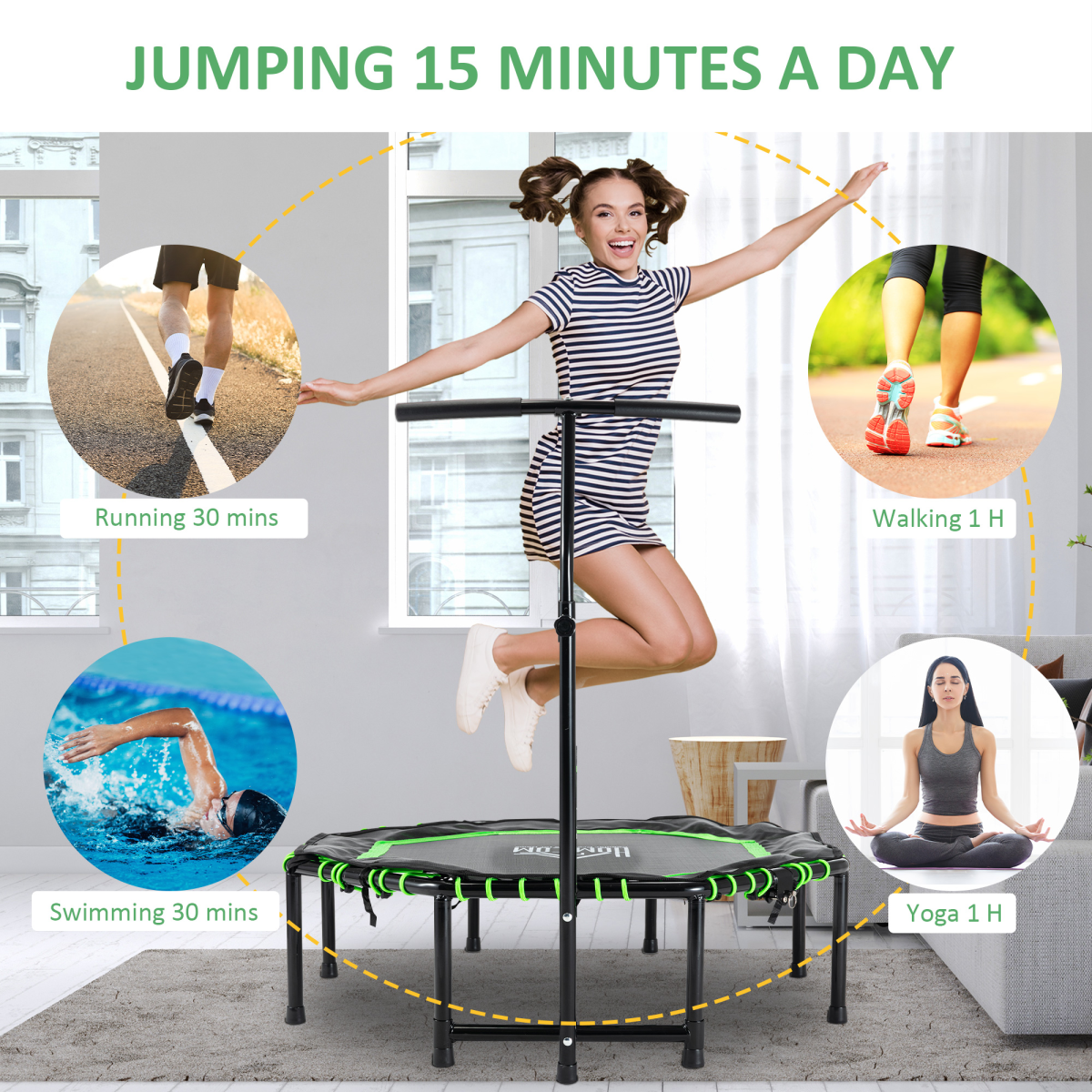 Green foldable trampoline with adjustable handle for adults and teens by HOMCOM, set up in an outdoor space.