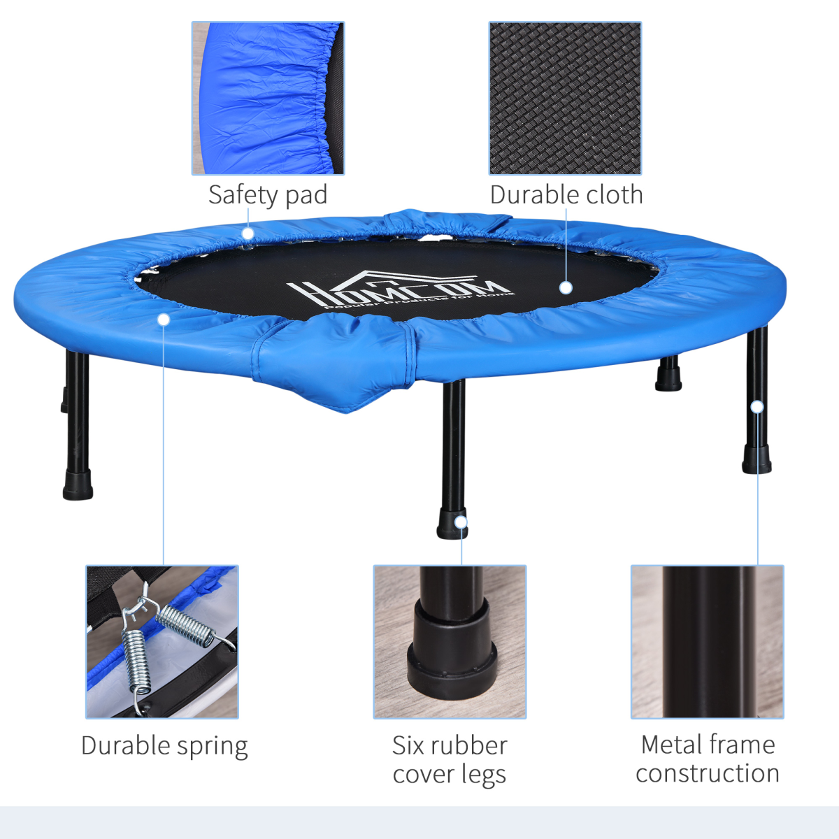 Foldable mini fitness trampoline in blue, featuring a sturdy frame and jumping surface for effective exercise workouts.