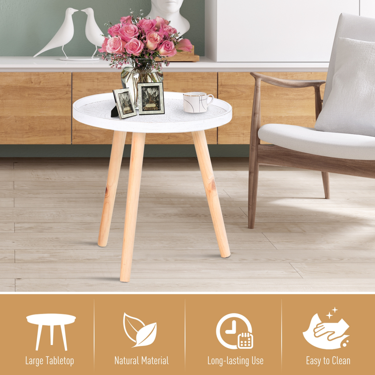 HOMCOM pine wood side table with floral etching and white saucer top, featuring a stylish and elegant design.