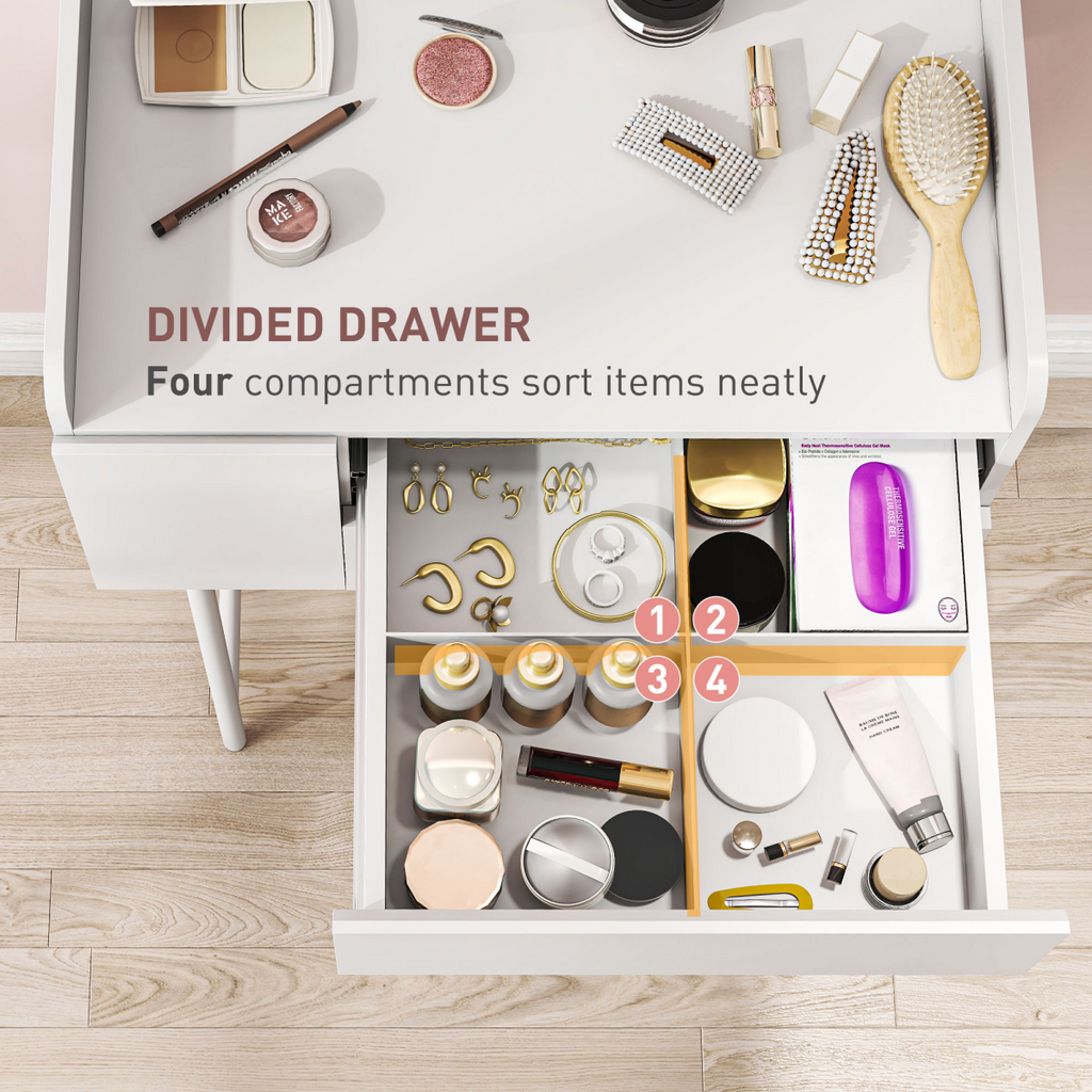 White Makeup Vanity Table with Mirror & Drawers - Modern Dressing Table