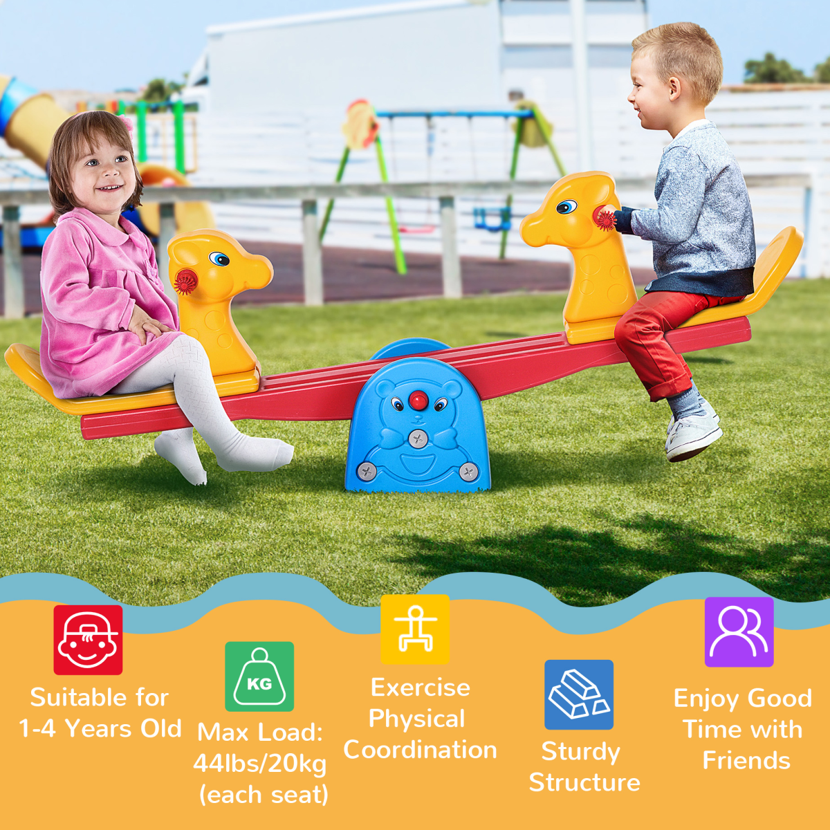 Kids seesaw teeter totter by HOMCOM featuring two seats and easy-grip handles for safe outdoor play.