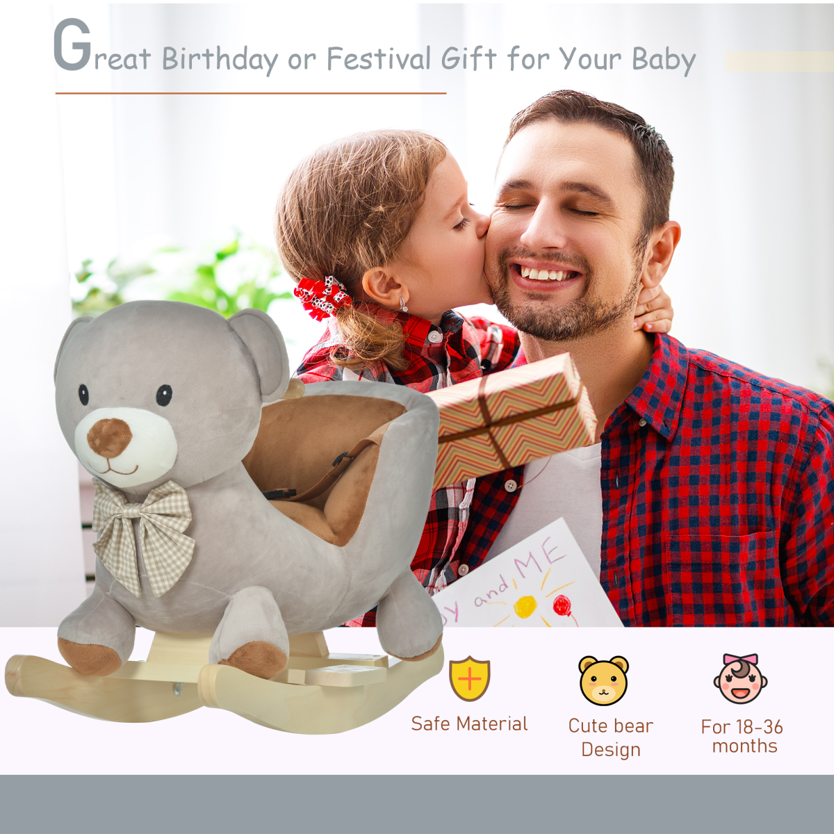 Kids rocking bear plush ride-on toy with sound button and seat belt for ages 18-36 months, featuring a soft, cuddly design.
