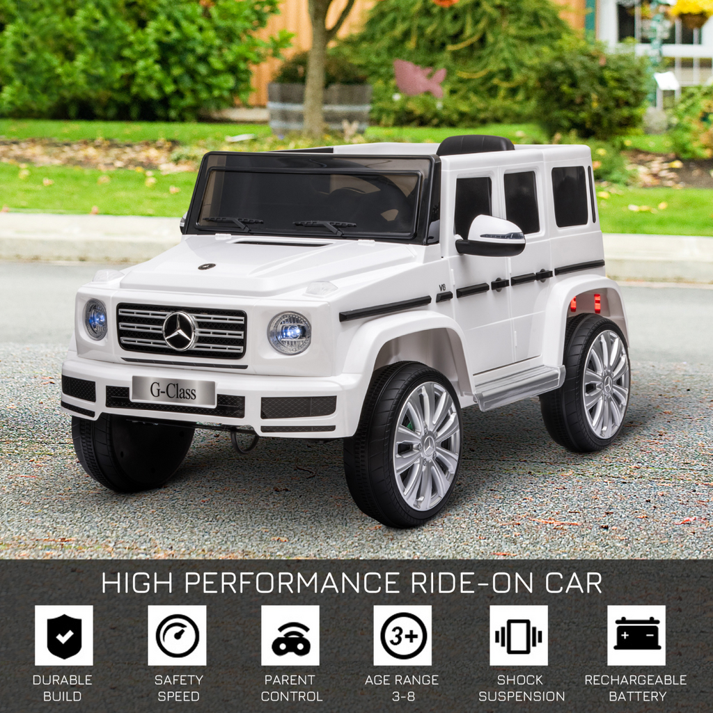 White Mercedes Benz G500 12V electric ride-on car for kids ages 3-8, featuring a remote control and realistic design.