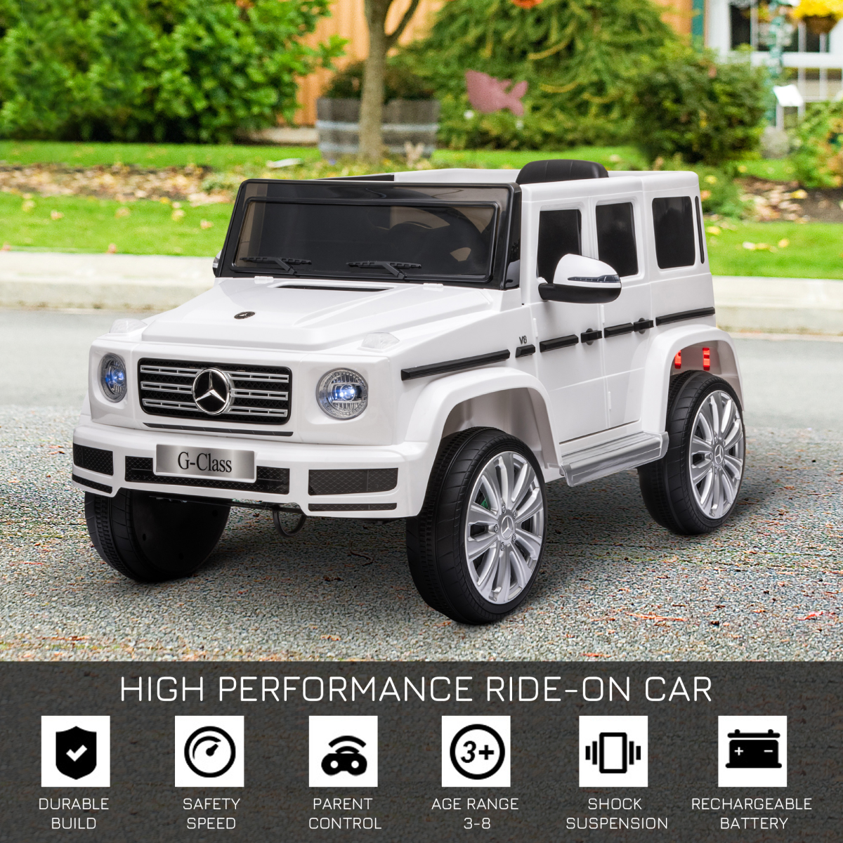 White Mercedes Benz G500 12V electric ride-on car for kids ages 3-8, featuring a remote control and realistic design.