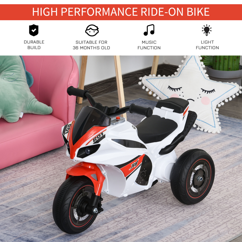 Kids ride-on police bike by FunZone, featuring three wheels, music, and lights for toddlers aged 18-36 months.