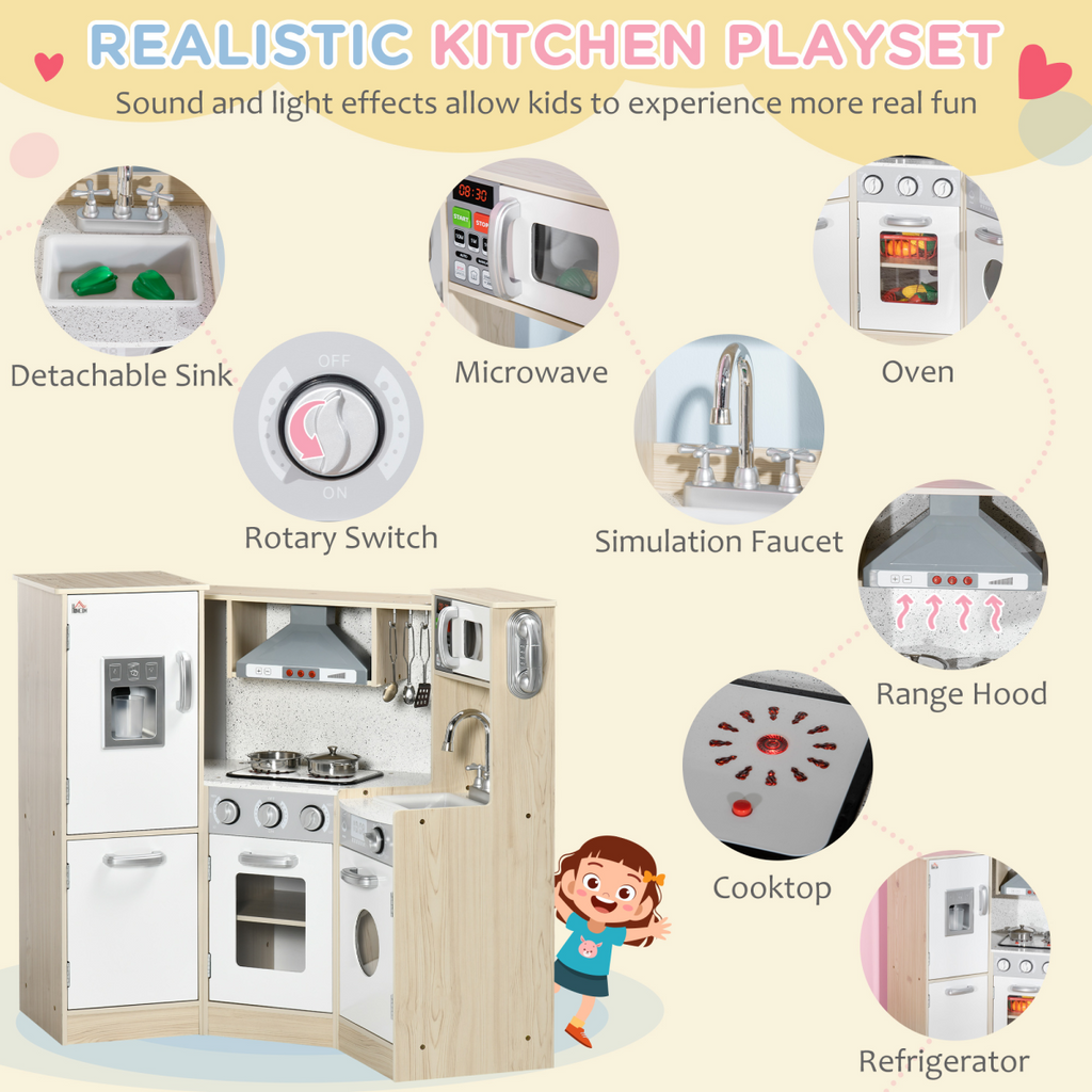 HOMCOM FunZone corner kids kitchen with sound light, phone, microwave, oven, and range hood in a colorful design.