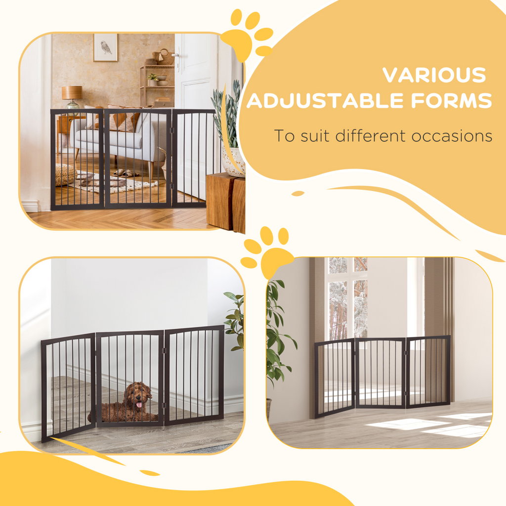 Pawhut folding pet gate in pine wood, free-standing design for child safety and indoor use.