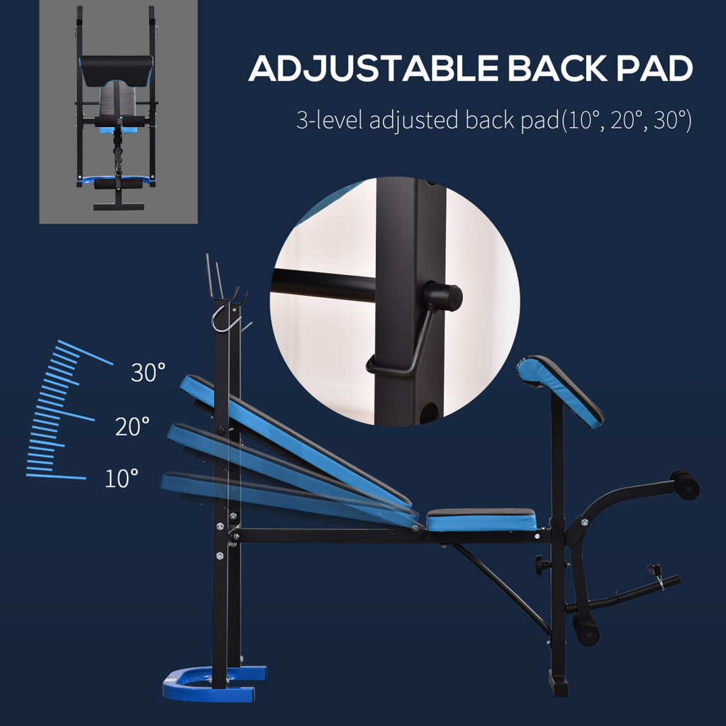Adjustable weight bench with leg developer and barbell rack for home gym by ActiveGear, showcasing sturdy design and features.