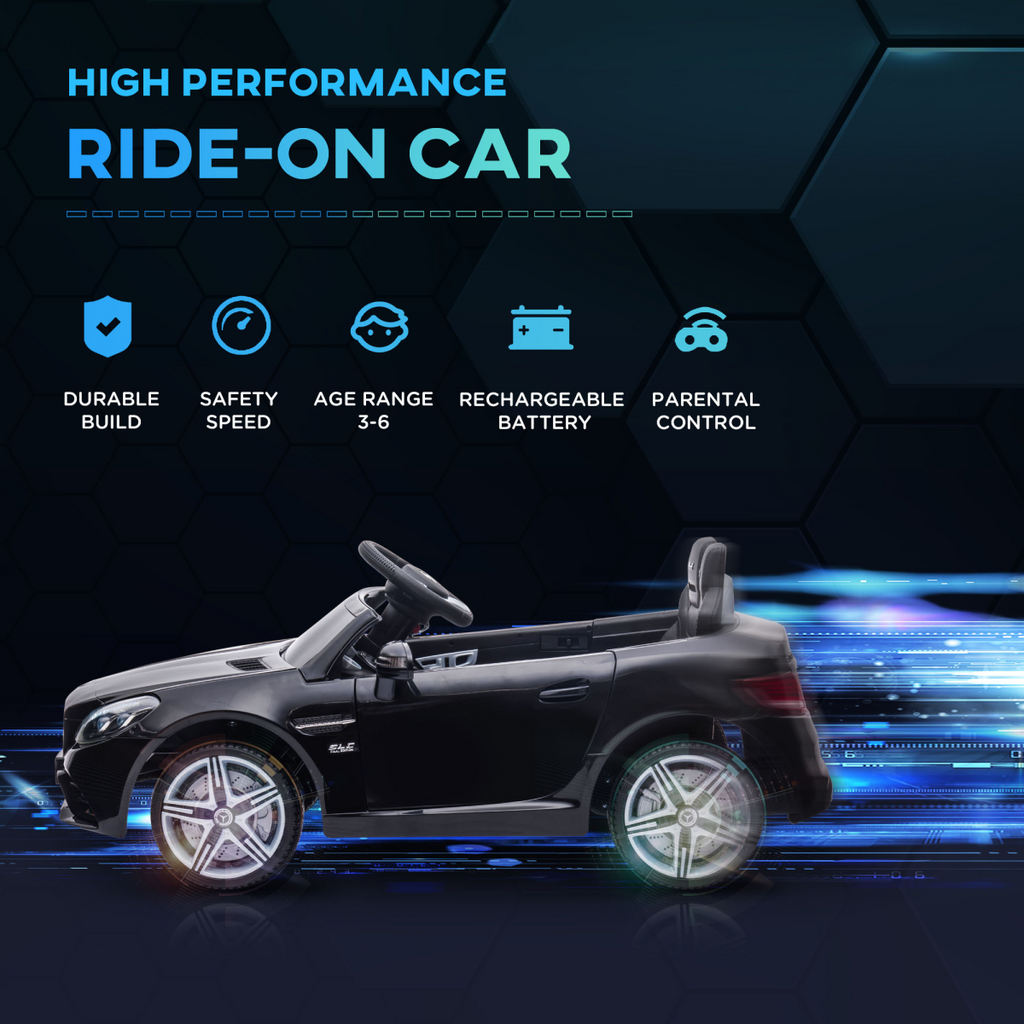 Black HOMCOM 12V Kids Electric Ride On Car with remote control and music features, showcasing its sleek design and easy access.