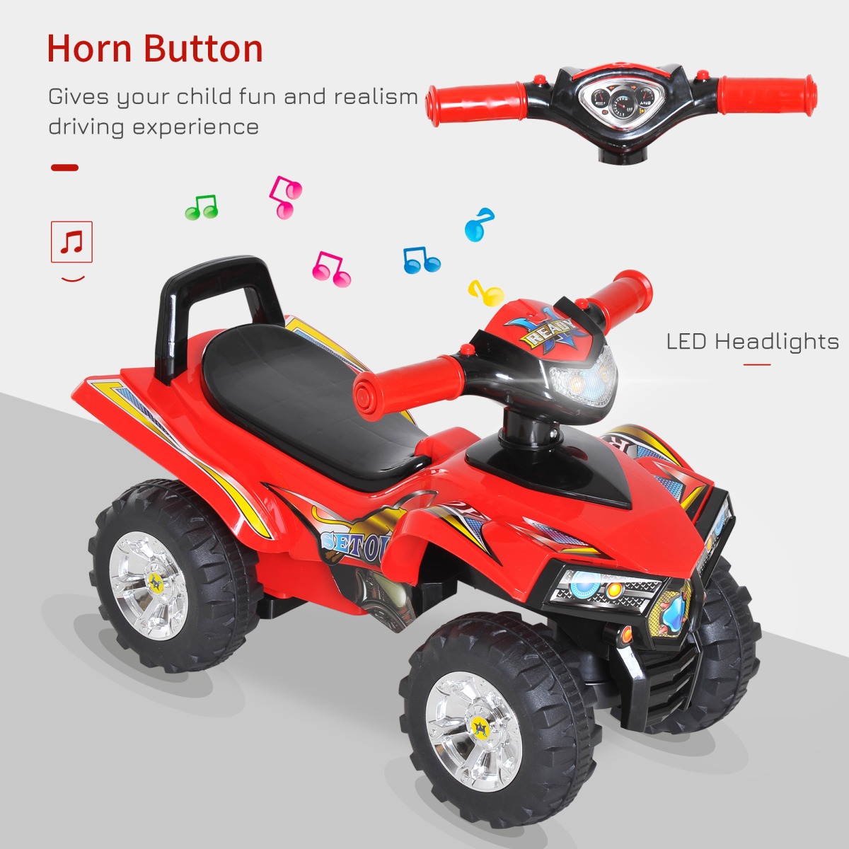 Kids Ride-On Quad by FunZone with LED lights, horn, and music, featuring four wheels for toddlers aged 12 months and up.