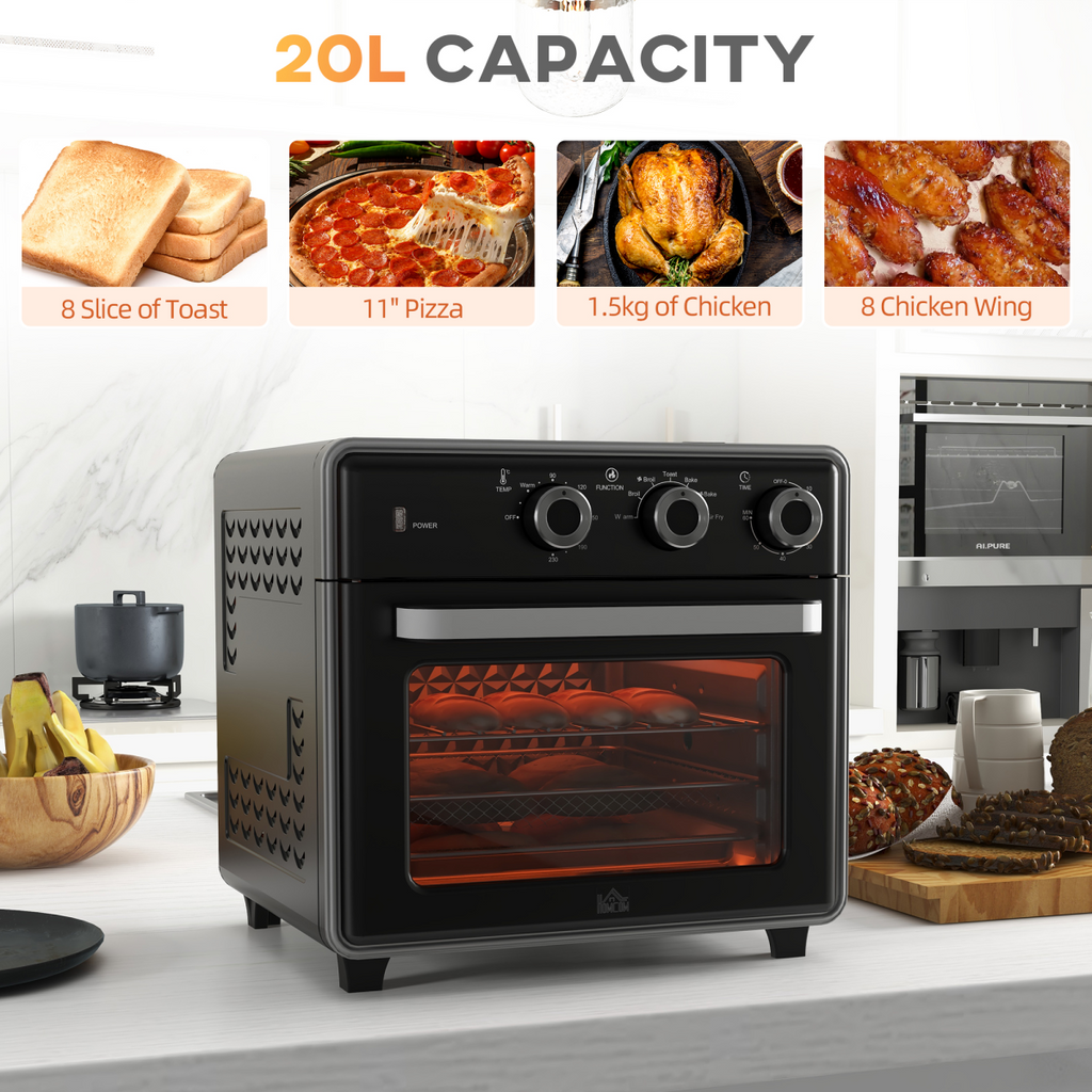 HOMCOM 20L black air fryer oven with countertop convection, showcasing 7 cooking functions and 1400W power.