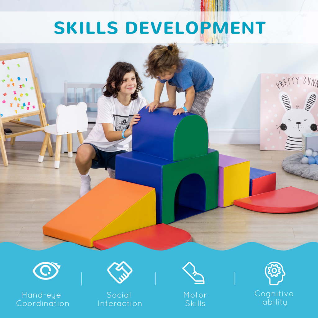 Colorful 7-piece foam play set for toddlers featuring soft climbers and structures, designed for ages 12-36 months.
